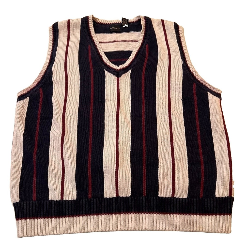 Vtg 90s Structure Mens Knit Sweater Vest XL Cotton Stripe V-Neck University